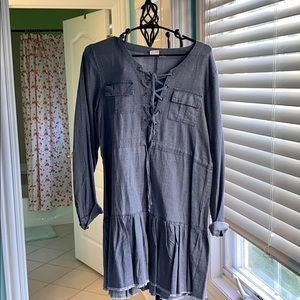 Denim lace up ruffle dress